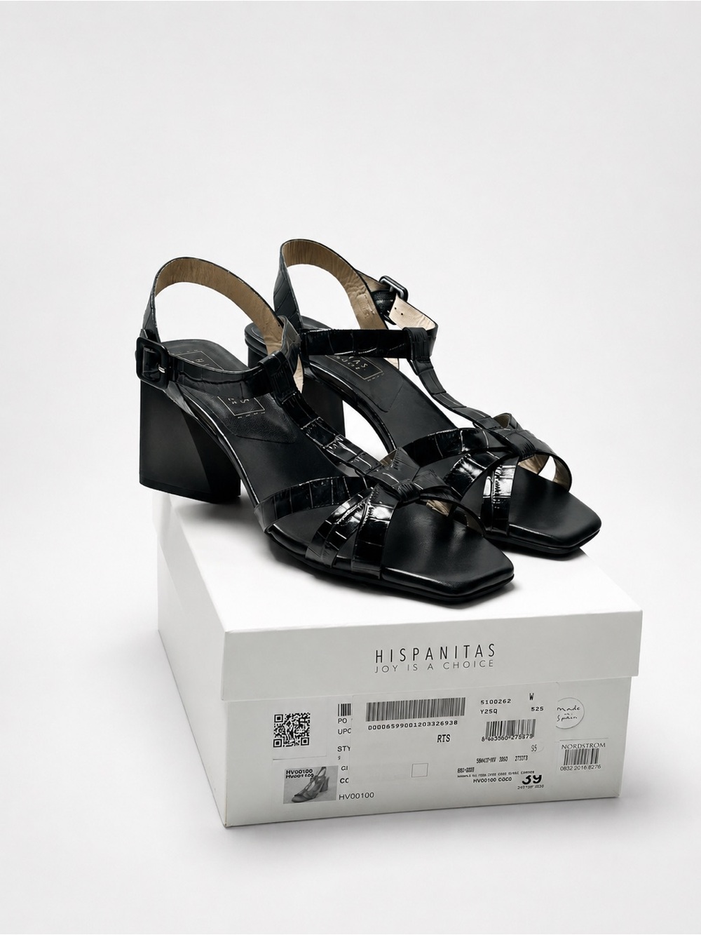 Hispanitas Women's Black Patent T-Strap Block Heel Sandals Made in Spain NIB